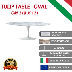 219 x 121 cm Tulip tafel Arabescato marmer ovaal