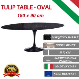 180 x 90 cm Tulip tafel Zwart Marquinia marmer ovaal